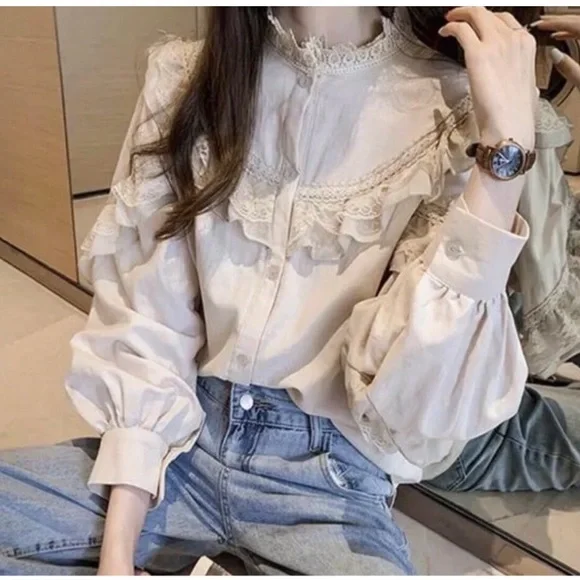 Lace blouse shirt soft khaki button top collar long sleeve